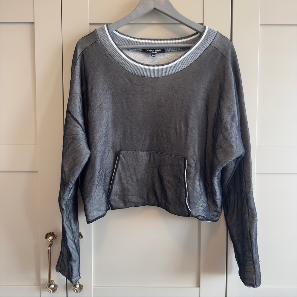 Vivian Shyu Casual Mesh Heather Gray & Black Long Sleeve Crop Sweatshirt